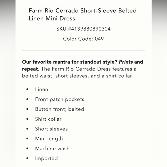 FARM Rio Cerrado Short-Sleeve Belted Linen Mini Dress Size Small NWT - Picture 2 of 15